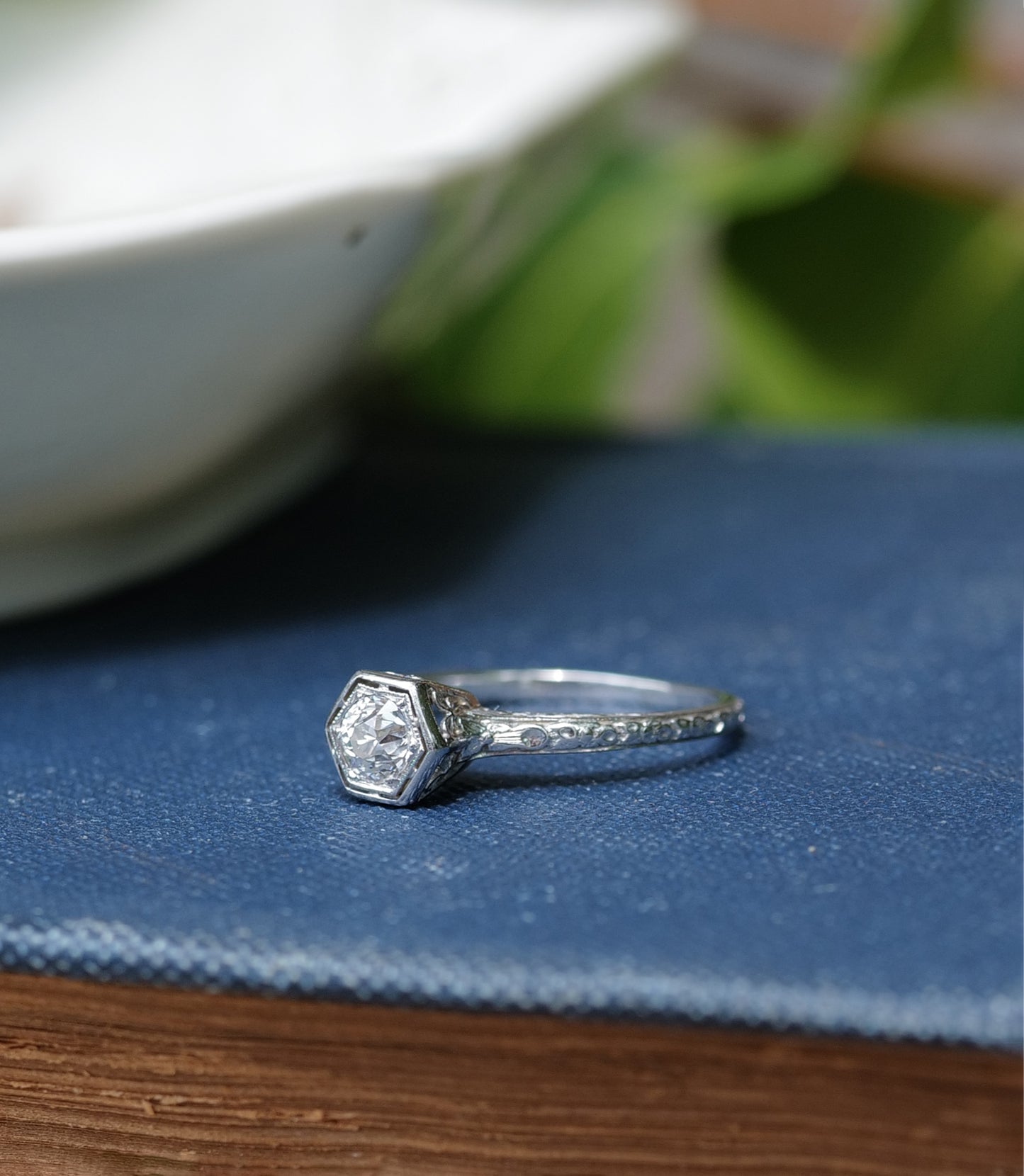 Antique Orange Blossom Solitaire Transitional European Cut Diamond in 18K WG