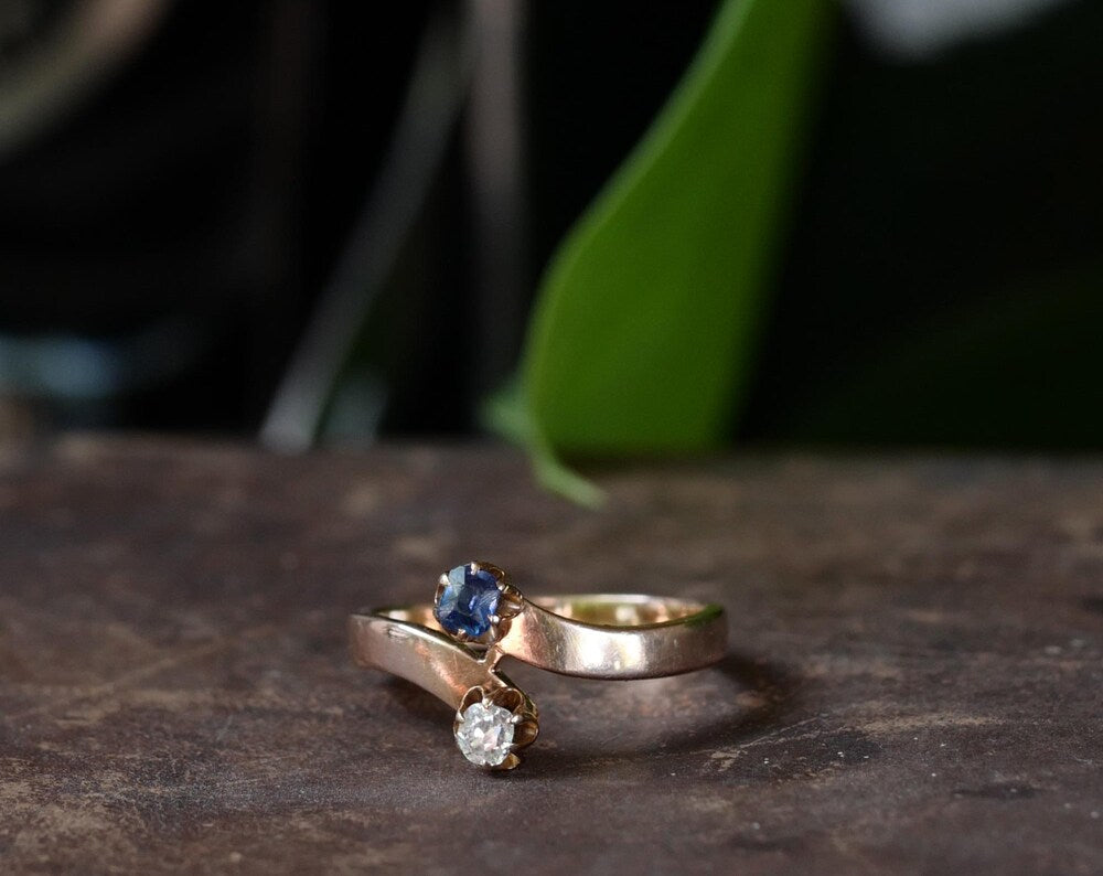 Victorian Bypass Ring 14K Spinel and Old Mine Diamond