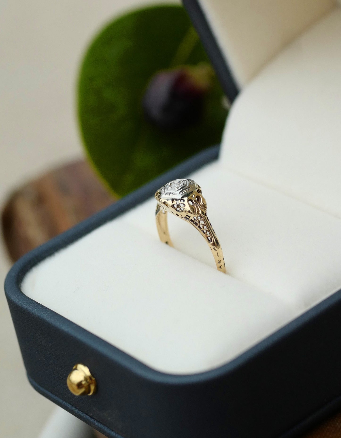 Antique Gold Filagree with Old Mine Cut Diamond