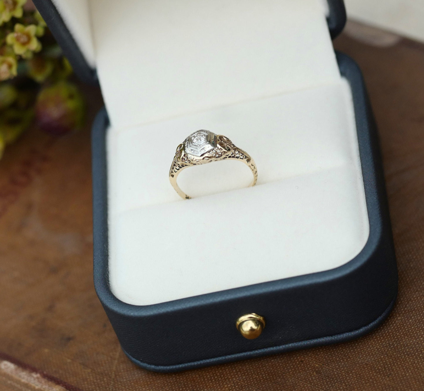 Antique Gold Filagree with Old Mine Cut Diamond