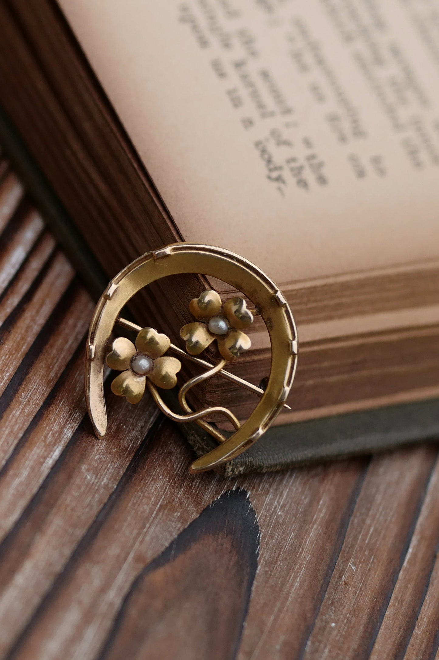 10K Vintage Horseshoe Pin with Flowers and Seed Pearls