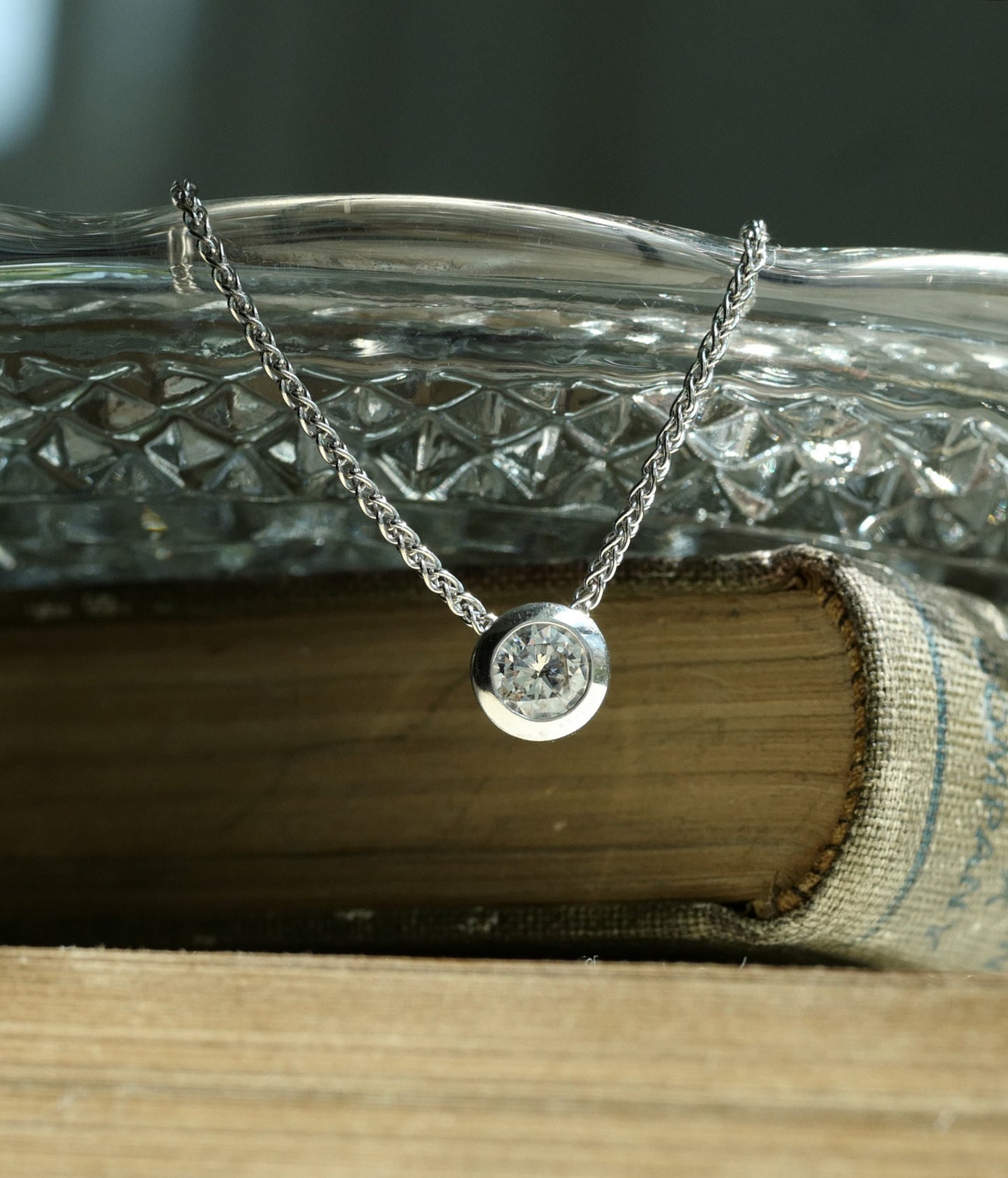 Natural Diamond Solitaire Slide Pendant on 14KT White Gold - Transitional European Cut Custom Necklace