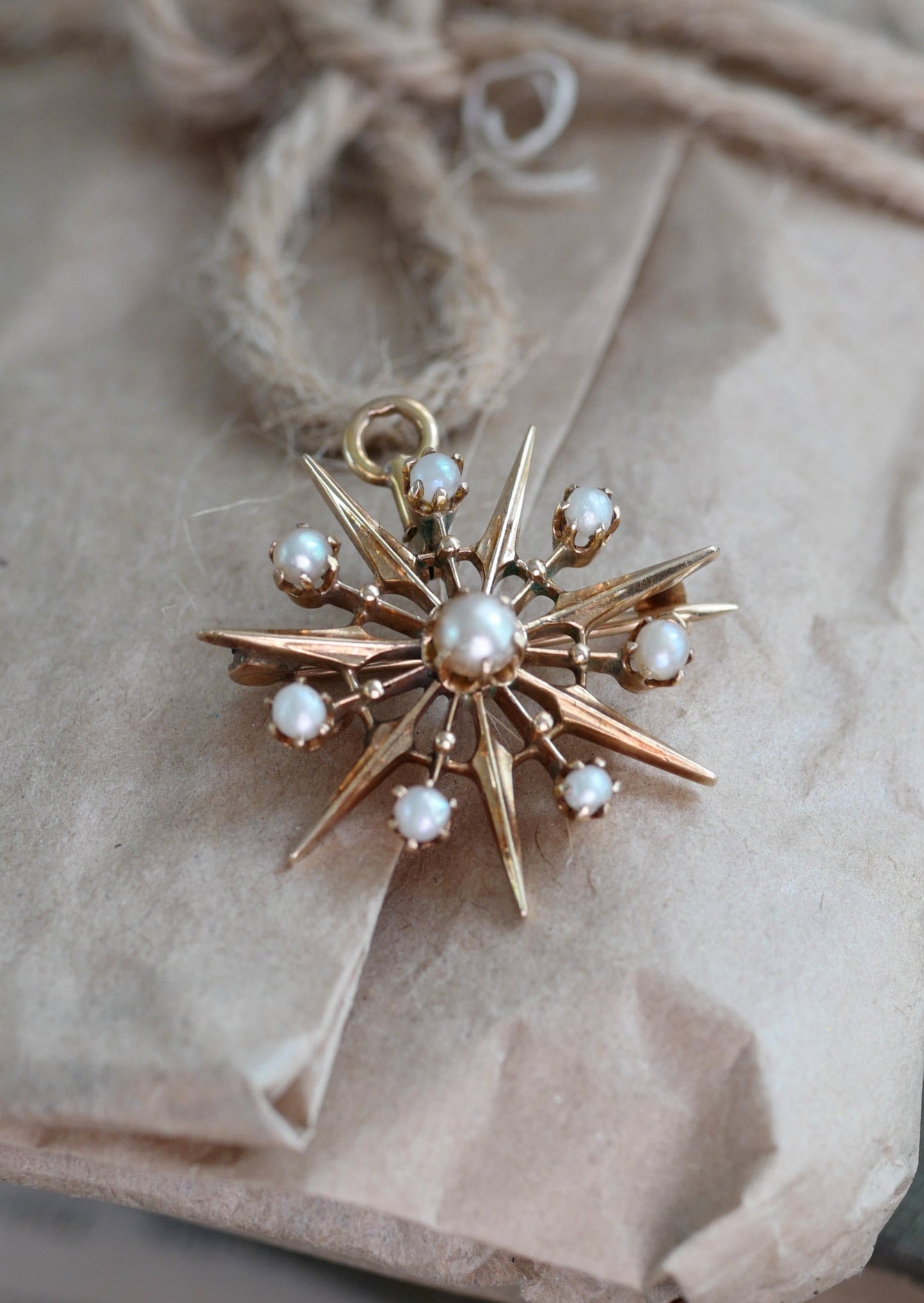 Victorian Era 13K Vintage Starburst and Seed Pearl Pendant or Pin