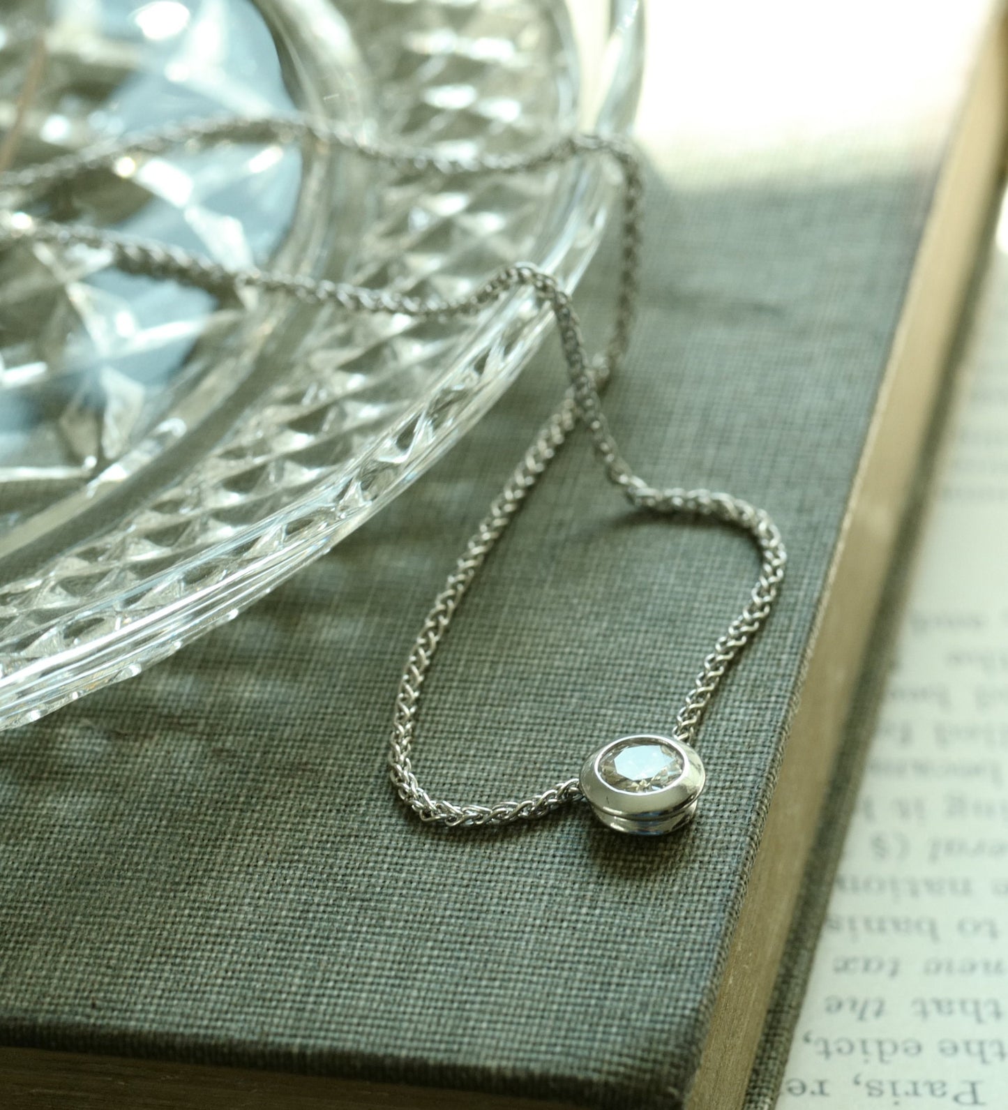 Natural Diamond Solitaire Slide Pendant on 14KT White Gold - Transitional European Cut Custom Necklace
