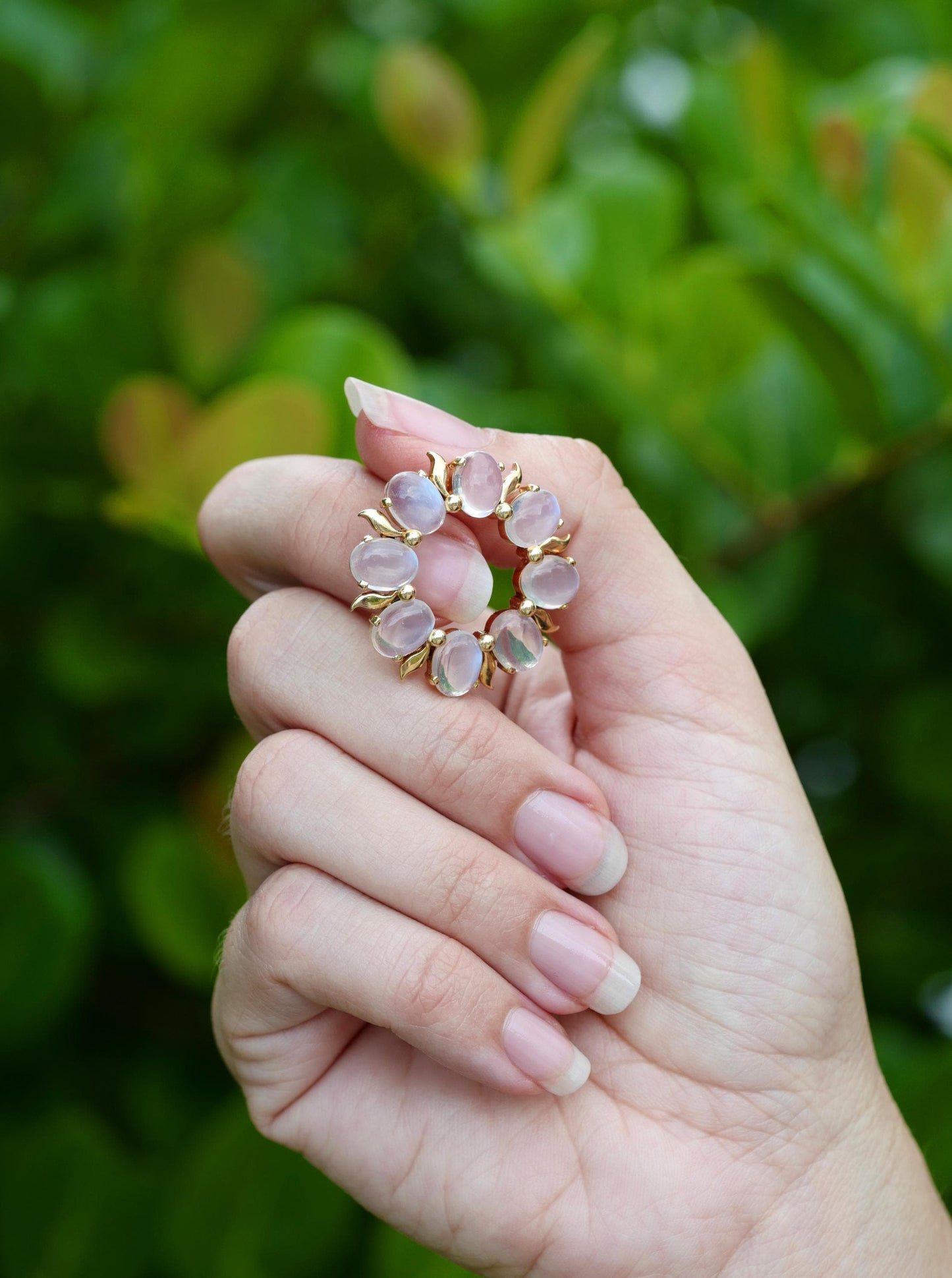 Midcentury Moonstone & 14k Wreath Brooch