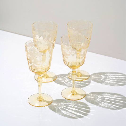 Tiffin Cordelia Yellow Etched Wine Glasses - Set of Four