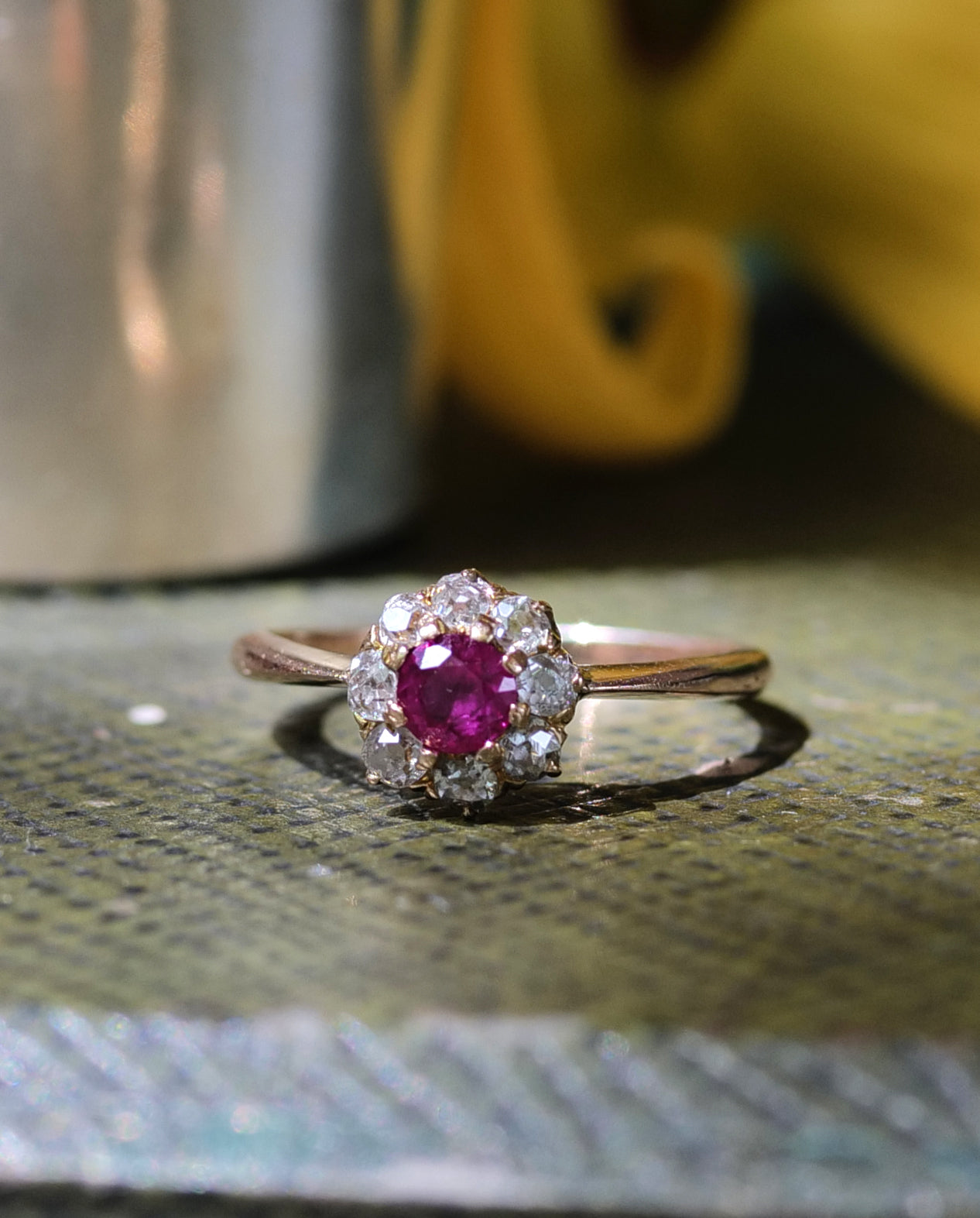 Ruby and Old Mine Diamond Antique Ring 10K