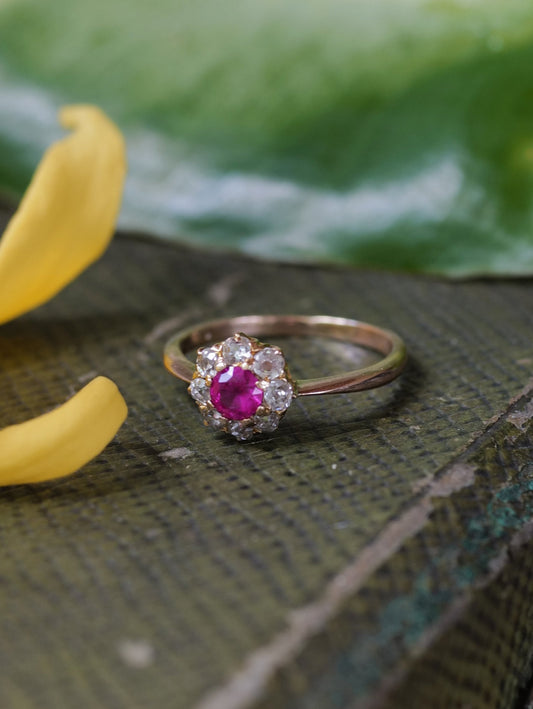 Ruby and Old Mine Diamond Antique Ring 10K