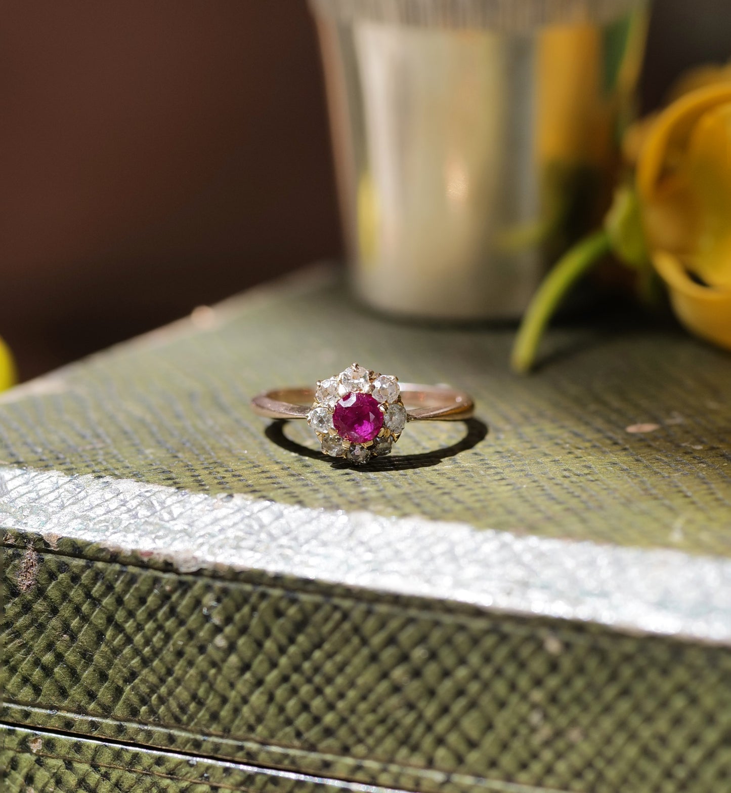 Ruby and Old Mine Diamond Antique Ring 10K