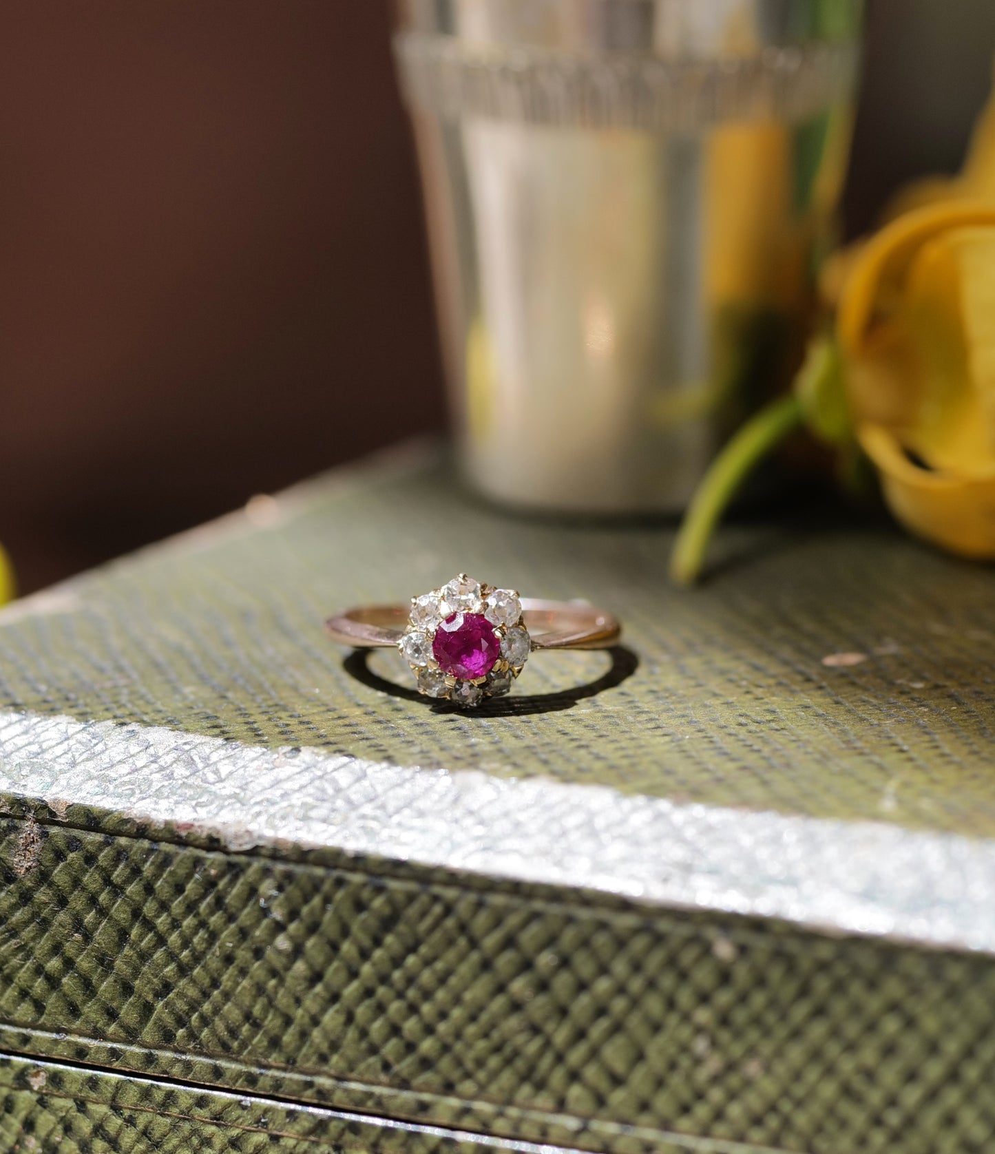 Ruby and Old Mine Diamond Antique Ring 10K