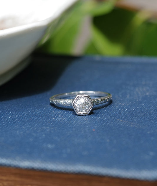 Antique Orange Blossom Solitaire Transitional European Cut Diamond in 18K WG