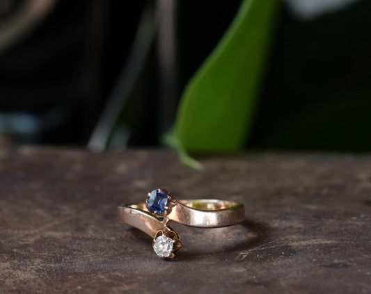 Victorian Bypass Ring 14K Spinel and Old Mine Diamond