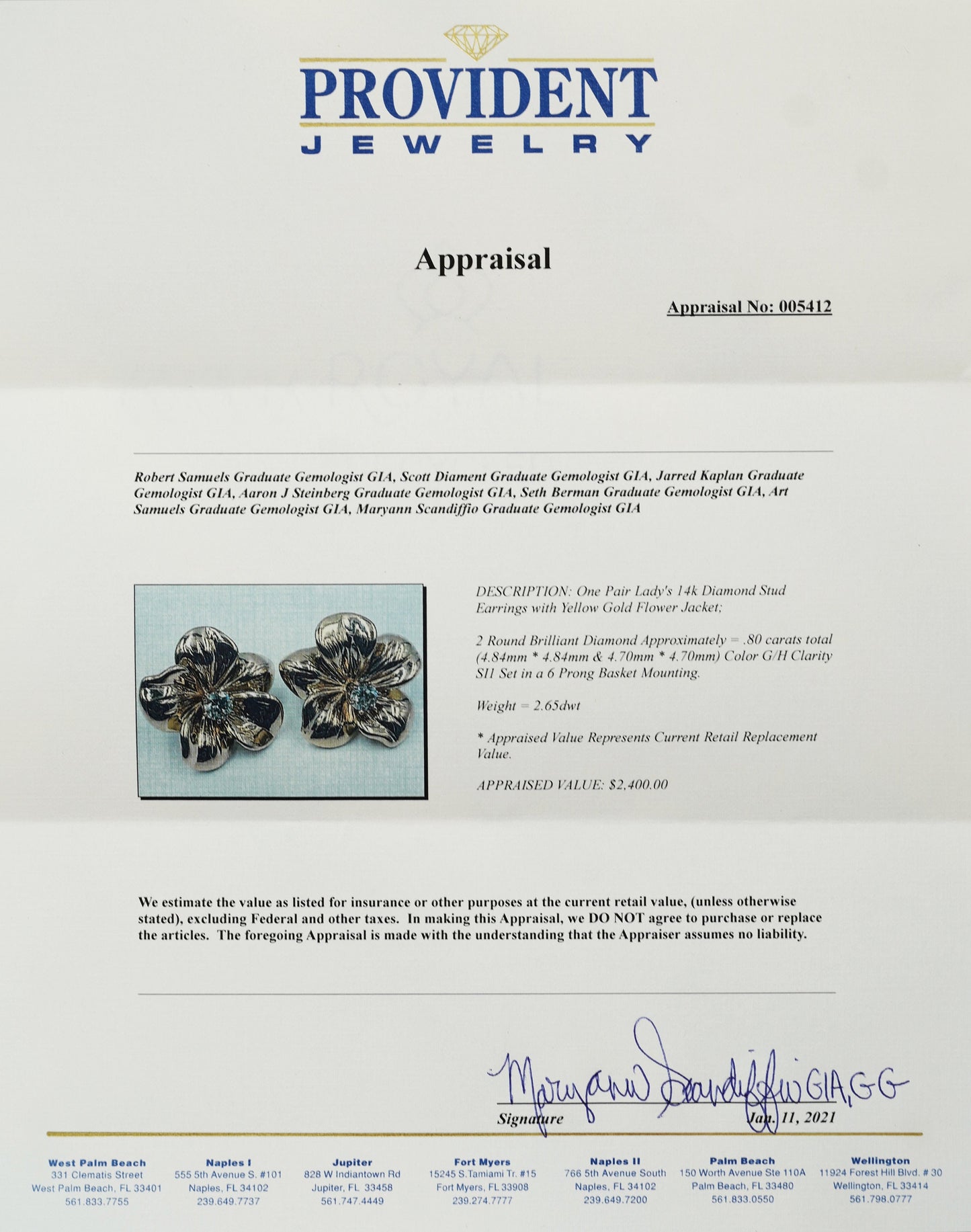 Down to the Studs - .80 TCW Diamond Earrings with Yellow Gold Flower Jacket and Appraisal