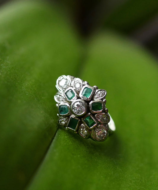 1970s Era Fancy Emerald and Diamond Cocktail Ring - 14K White Gold