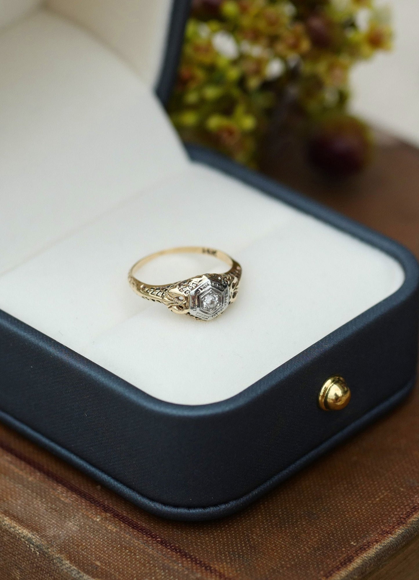 Antique Gold Filagree with Old Mine Cut Diamond