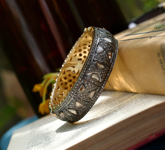 Polki Diamond Bangle - Vintage handmade Indian 14K and Sterling encrusted with Pave Diamonds