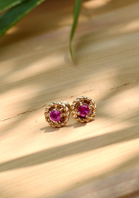 Pink Sapphire 14K Gold Rope Screw Back Vintage Earrings