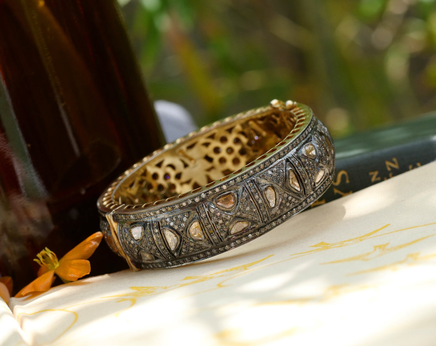 Polki Diamond Bangle - Vintage handmade Indian 14K and Sterling encrusted with Pave Diamonds