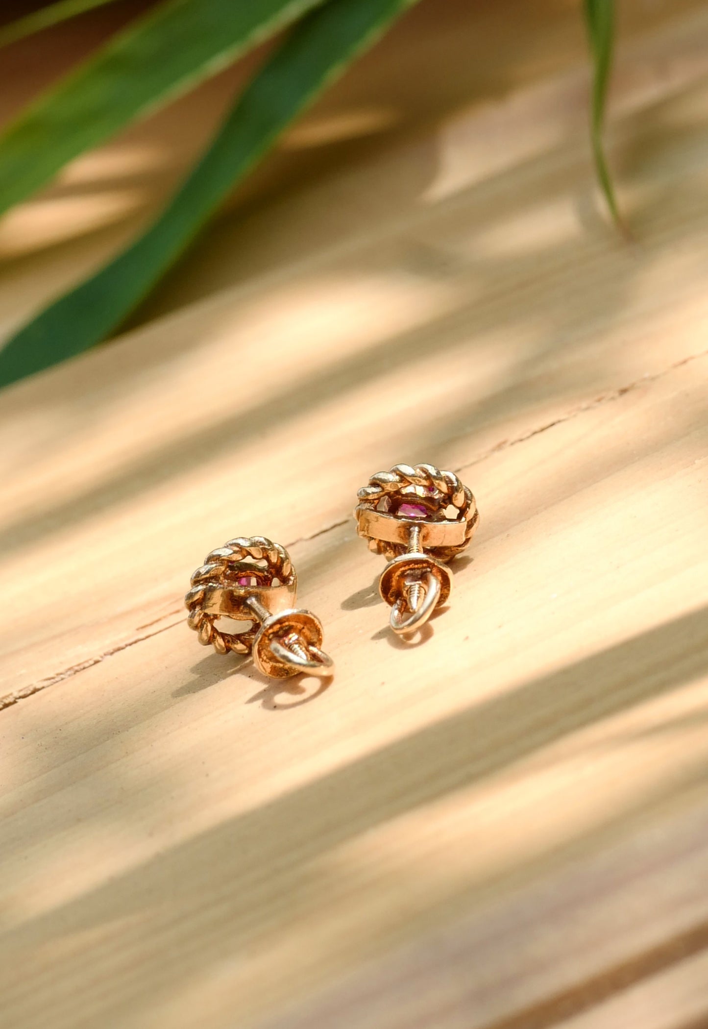 Pink Sapphire 14K Gold Rope Screw Back Vintage Earrings