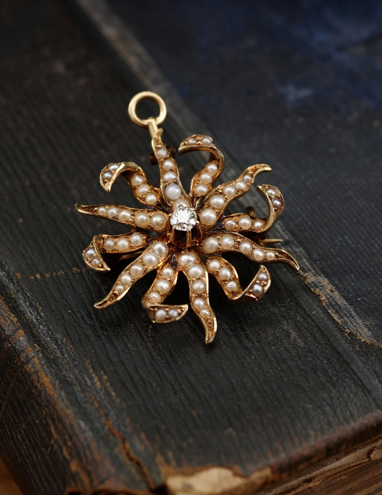 Victorian Old Mine Diamond and Pearl Pendant/Brooch - 14K Gold