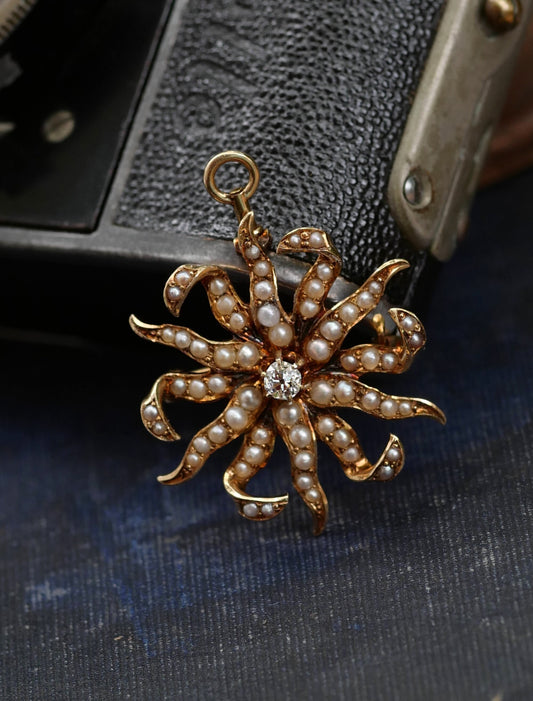 Victorian Old Mine Diamond and Pearl Pendant/Brooch - 14K Gold