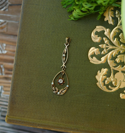 Antique Art Nouveau Pendant with 3mm Diamond and seed pearls - 10K