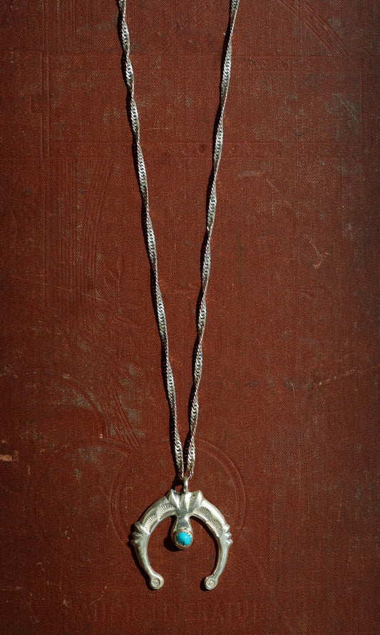 Vintage Sterling Silver Squash Blossom with Turquoise and 30" Sterling Twist Chain