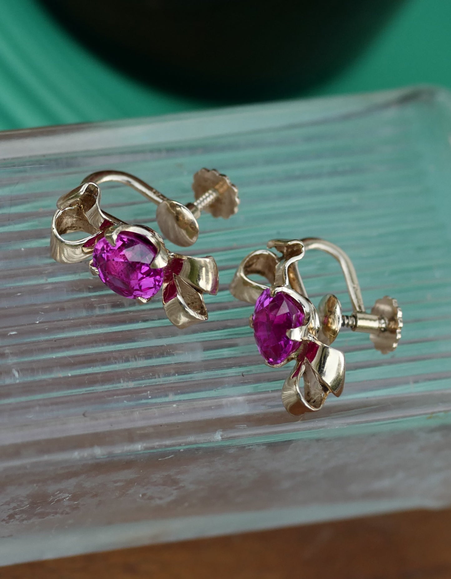 Vintage F & F Felger Lab Ruby Earrings- 14K Gold