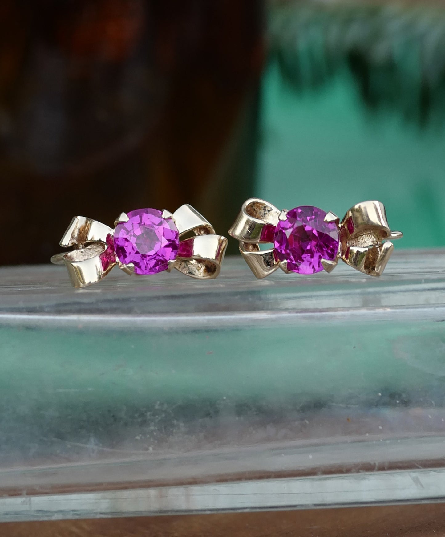 Vintage F & F Felger Lab Ruby Earrings- 14K Gold