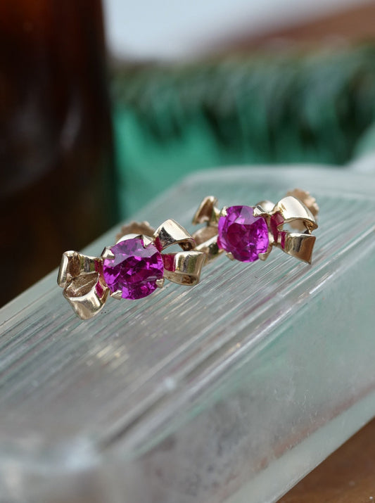 Vintage F & F Felger Lab Ruby Earrings- 14K Gold