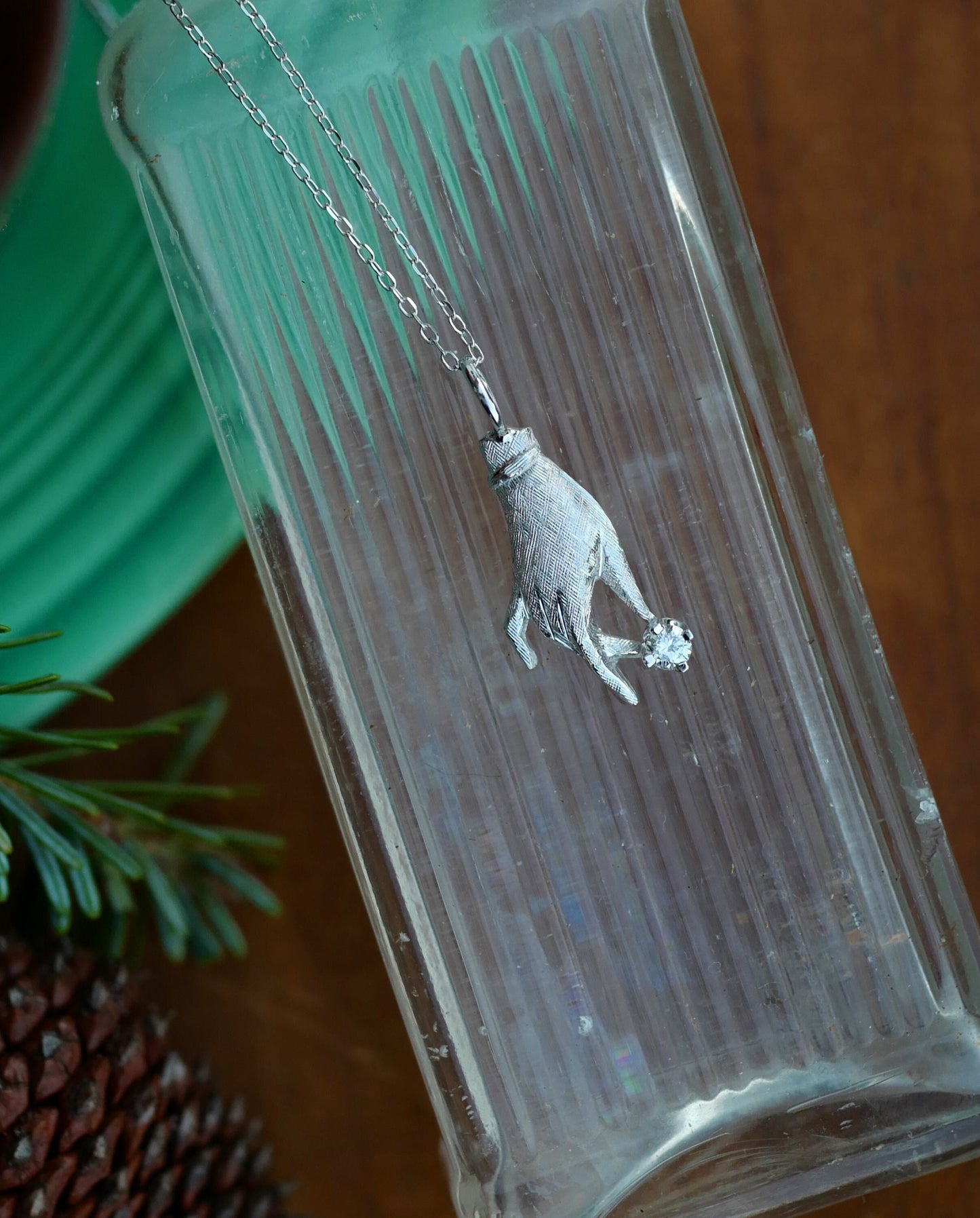 14K White Gold Delicate Hand holding Diamond Pendant Charm