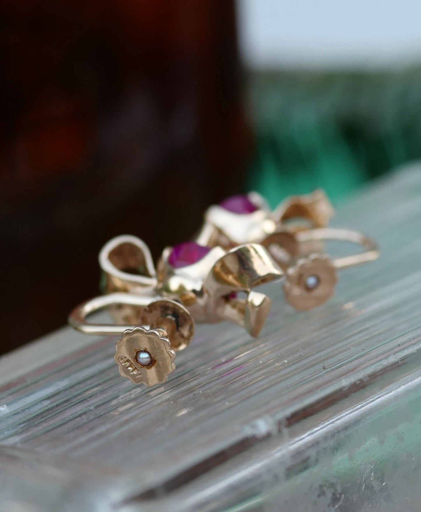 Vintage F & F Felger Lab Ruby Earrings- 14K Gold
