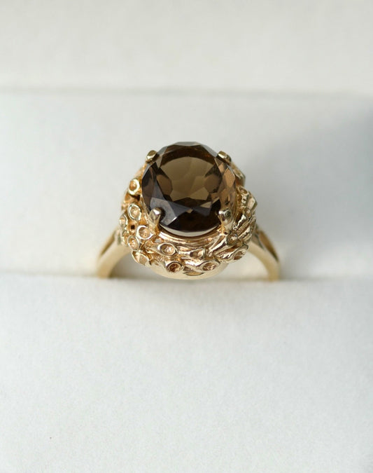 Custom Vintage Smoky Quartz and 14K Cocktail Ring