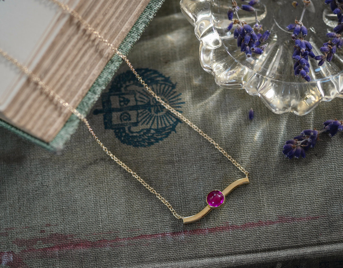 20" 14K Delicate Chain with 18K Solid Bar and Cabochon Ruby Necklace