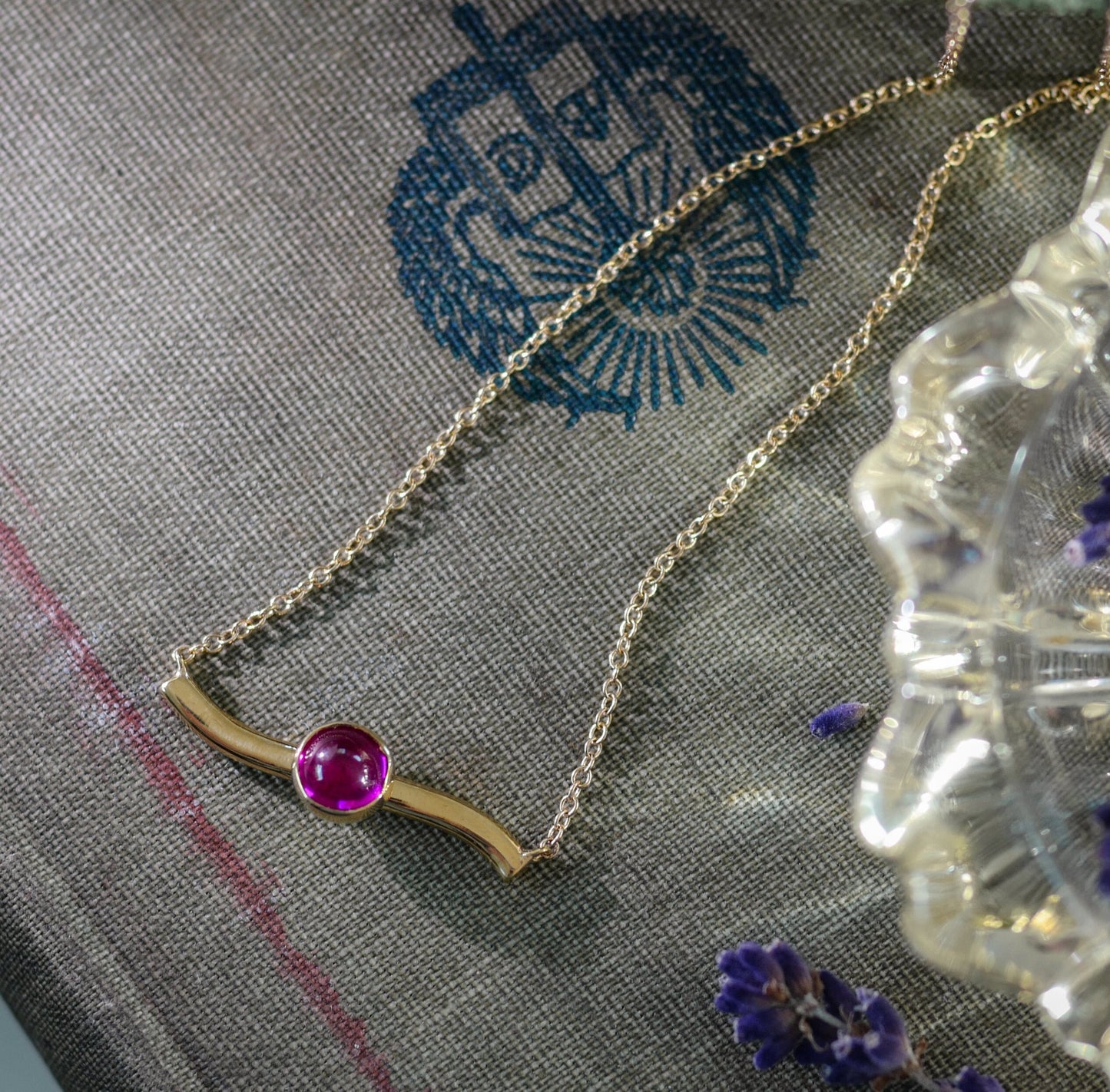 20" 14K Delicate Chain with 18K Solid Bar and Cabochon Ruby Necklace