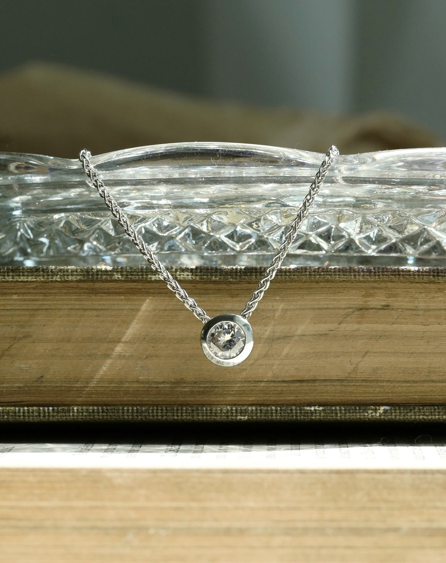 Natural Diamond Solitaire Slide Pendant on 14KT White Gold - Transitional European Cut Custom Necklace