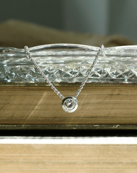 Natural Diamond Solitaire Slide Pendant on 14KT White Gold - Transitional European Cut Custom Necklace