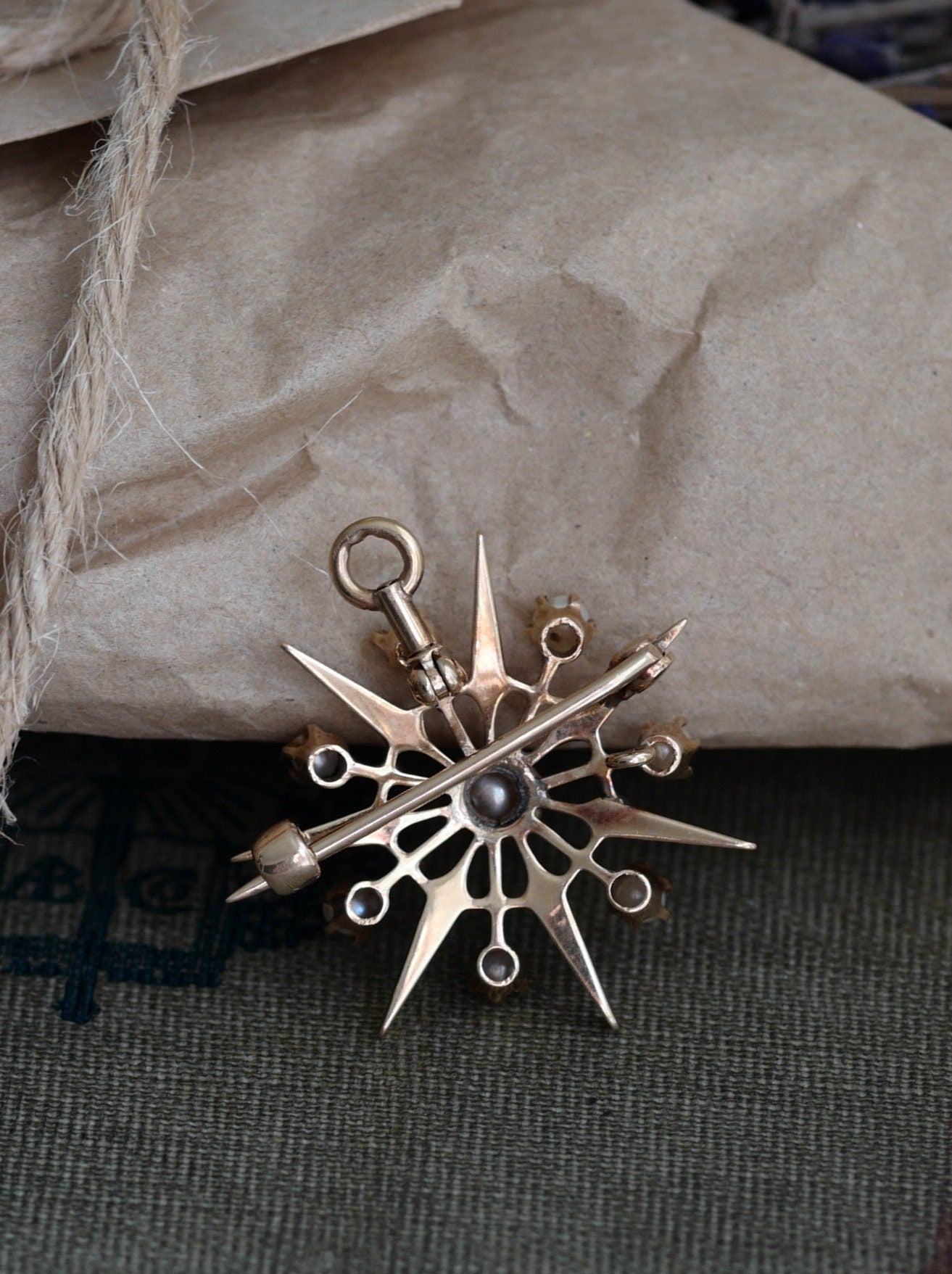 Victorian Era 13K Vintage Starburst and Seed Pearl Pendant or Pin