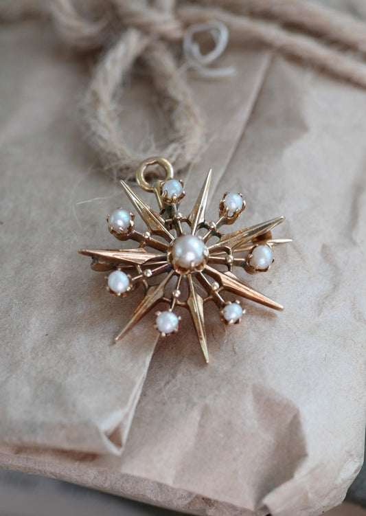 Victorian Era 13K Vintage Starburst and Seed Pearl Pendant or Pin