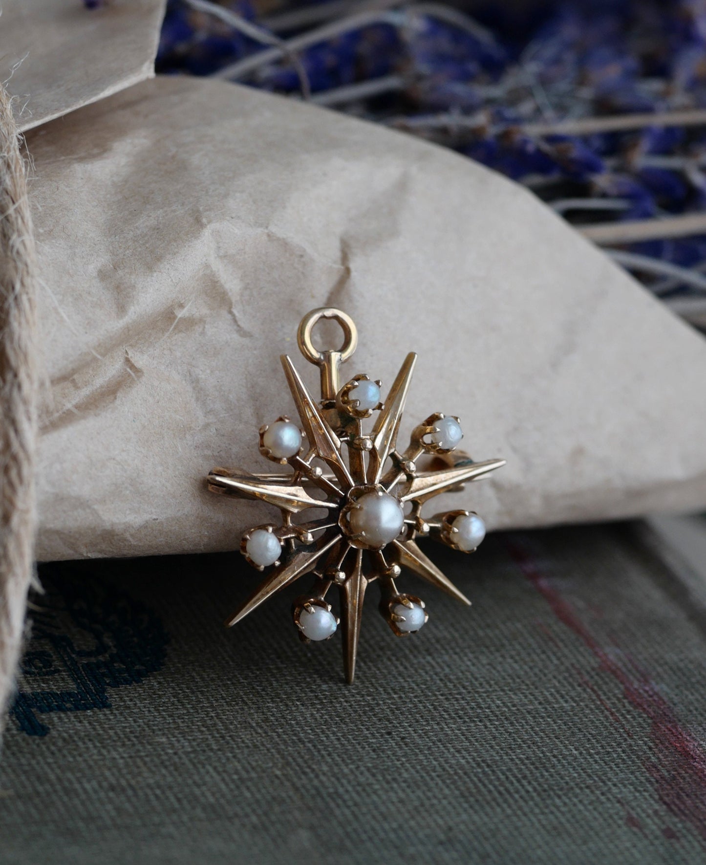 Victorian Era 13K Vintage Starburst and Seed Pearl Pendant or Pin