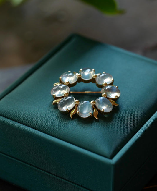 Midcentury Moonstone & 14k Wreath Brooch