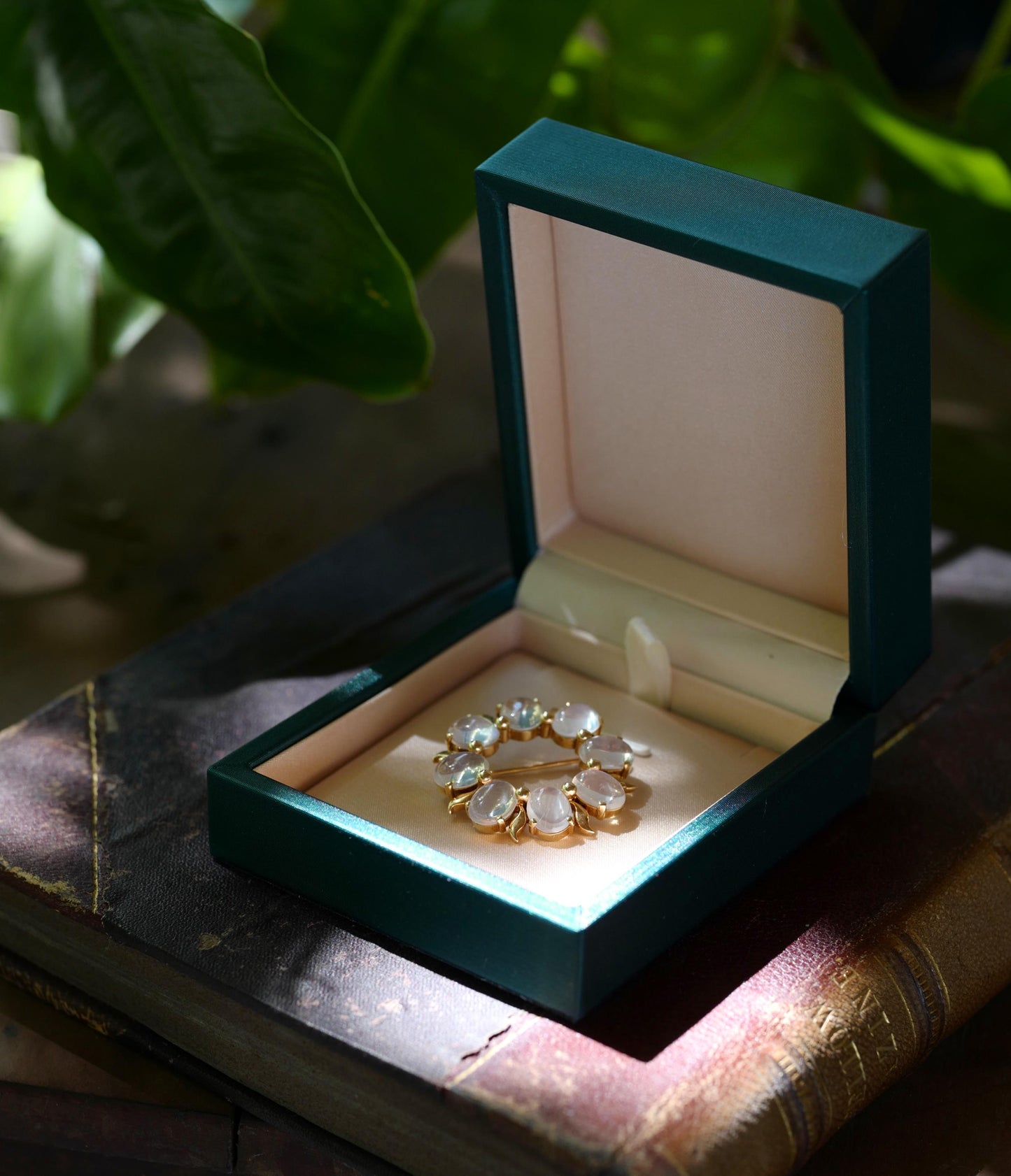 Midcentury Moonstone & 14k Wreath Brooch