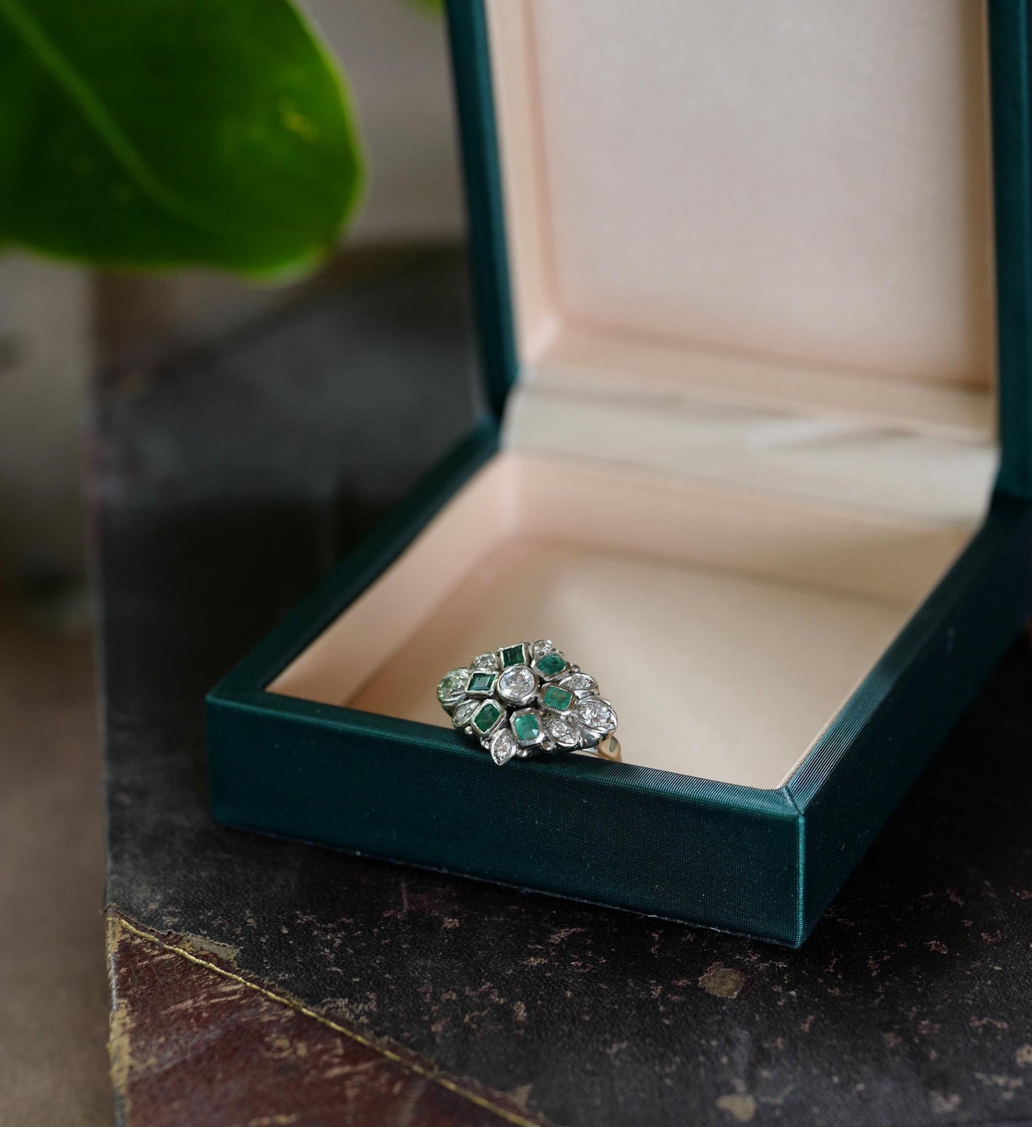 1970s Era Fancy Emerald and Diamond Cocktail Ring - 14K White Gold