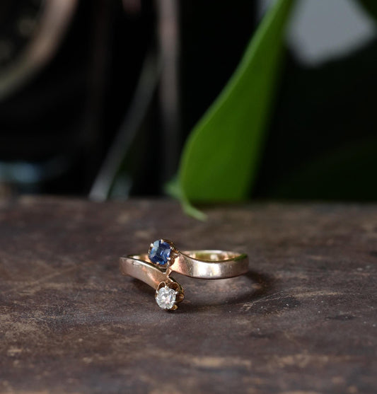 Victorian Bypass Ring 14K Spinel and Old Mine Diamond