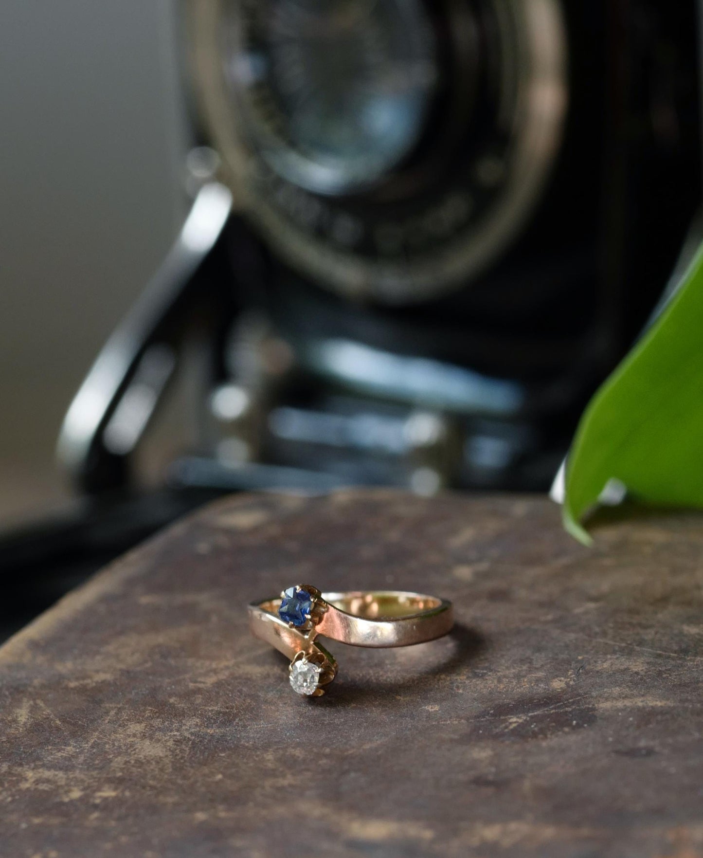 Victorian Bypass Ring 14K Spinel and Old Mine Diamond