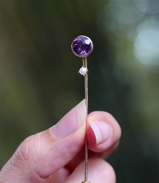 Vintage 10K Amethyst and Seed Pearl Stick Pin