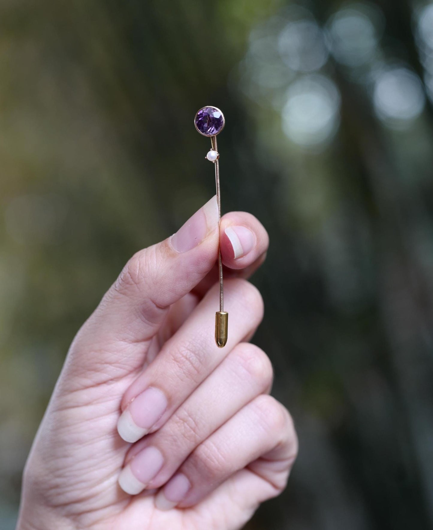 Vintage 10K Amethyst and Seed Pearl Stick Pin