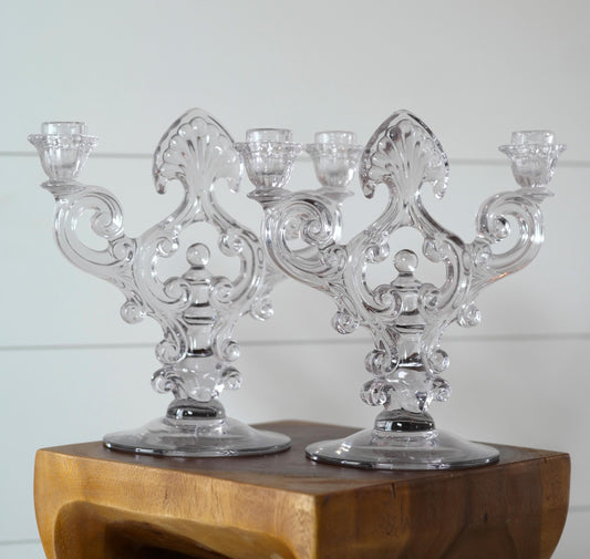 Pair of Vintage Cambridge 1441 Large Double Crystal Candlestick Holders