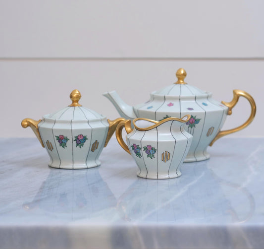 Czech Vintage Deco Tea Set with Creamer and Sugar Holder with Gold Trim