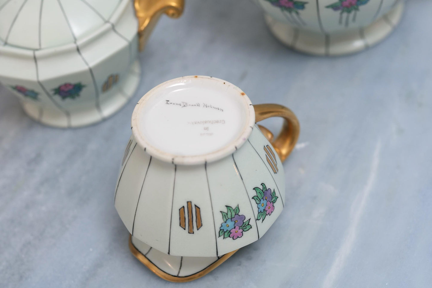 Czech Vintage Deco Tea Set with Creamer and Sugar Holder with Gold Trim